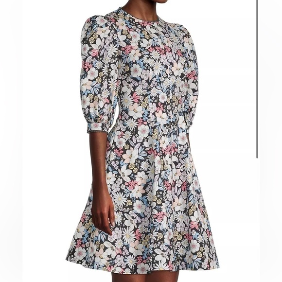 Rachel Parcell Size Small Black Floral Cotton Puff Sleeve Retro Minidress NWT - Picture 2 of 16
